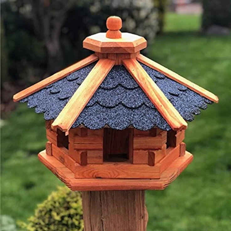 Darlux Vogelfutterhaus M Futterstelle Sechseck Vogelhaus aus Holz Braun-Blau – Bild 2
