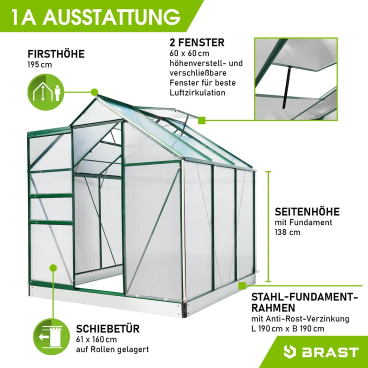 BRAST Gewächshaus Aluminium 190x190x195cm Grün mit Fundament rostfrei TÜV geprüft Alu Treibhaus Glashaus Tomatenhaus – Bild 6