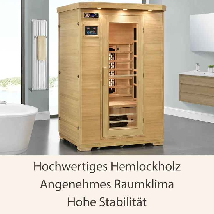 Artsauna Infrarotkabine Oslo – Triplex-Heizsystem Infrarotsauna - 2 Personen – LED-Farblicht, digitale Steuerung – Hemlock-Holz, 190 x 120 x 100 cm – Bild 3
