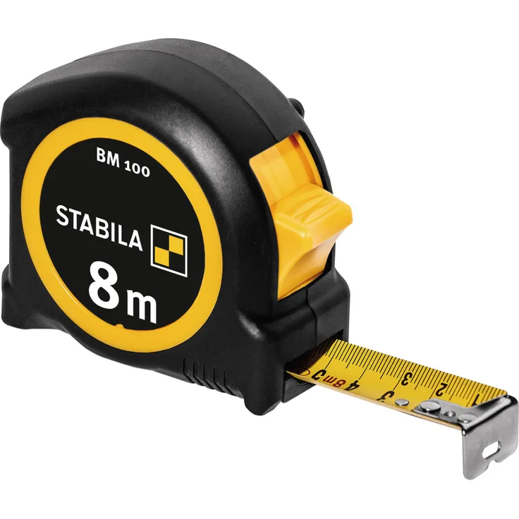 STABILA Taschenbandmaß BM 100, 8 m, Maßband mit metrischer Skala, bruchsicheres ABS-Gehäuse, beweglicher Anfangshaken, Gürtel-Clip, MID-Genauigkeit