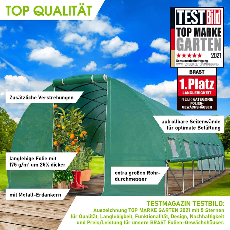 BRAST Gewächshaus Foliengewächshaus 300x800cm inkl. 6 Erdanker mit Stahlfundament aufrollbare Seitenwände schwere Qualität Folie 175g/m² – Bild 6