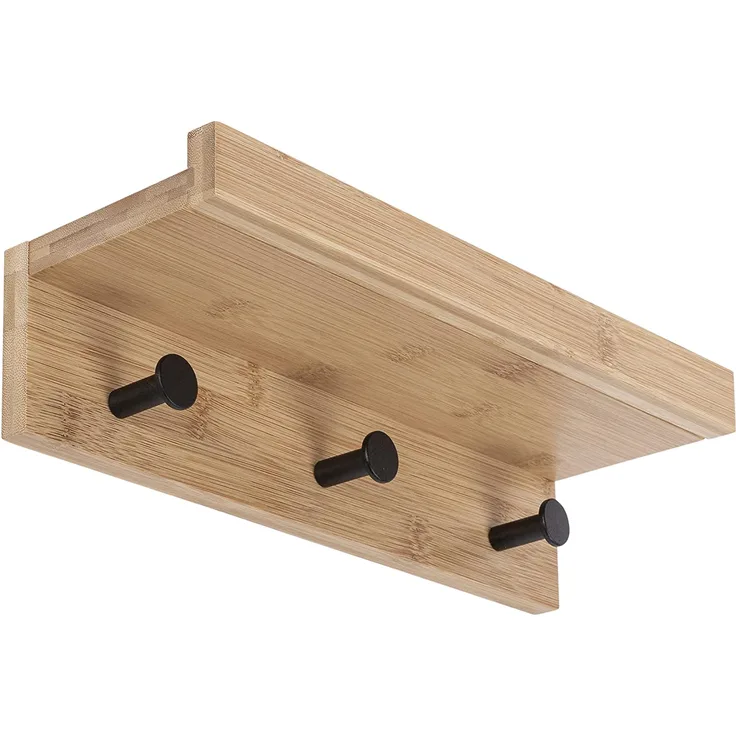 ONVAYA Wandregal Bambus mit 3 Haken | Bambus Schwarz | Regalbrett schwebend aus Holz | Schlüsselbrett mit Ablage | modernes Schweberegal | Wandhaken Garderobe | Schlüsselhaken
