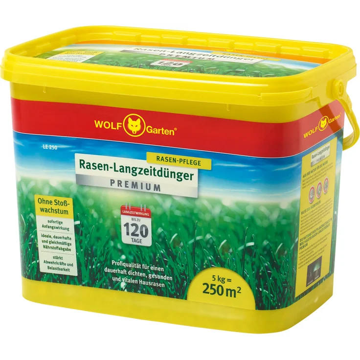 WOLF-Garten LE250 Rasen-Langzeitdünger Premium 5 kg für 250 m² Langzeitwirkung bis zu 120 Tage – Bild 1