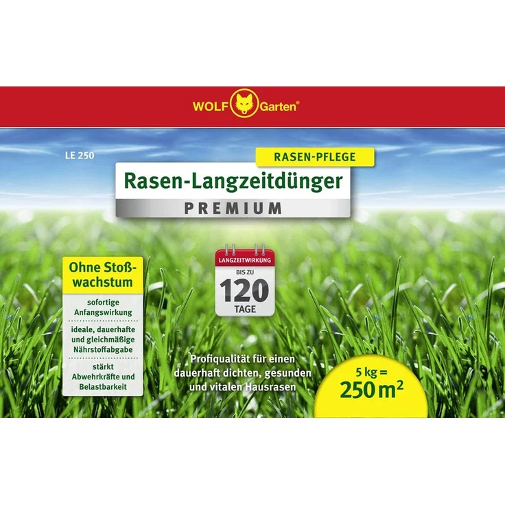 WOLF-Garten LE250 Rasen-Langzeitdünger Premium 5 kg für 250 m² Langzeitwirkung bis zu 120 Tage – Bild 2