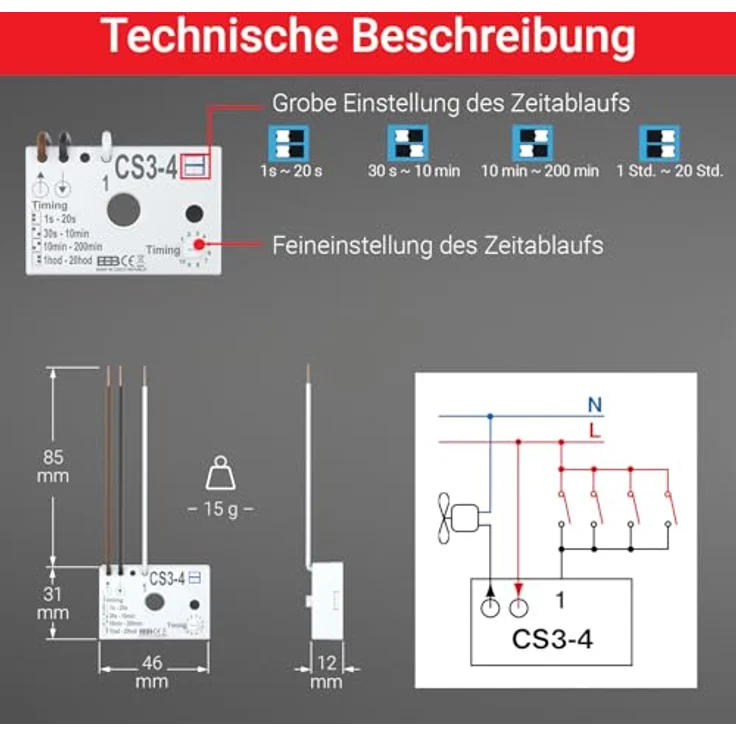 Elektrobock CS3-4 Zeitschaltuhr mit Nachlaufrelais für Widerstands- und Induktionsbelastungen, Unterputzinstallation – Bild 5