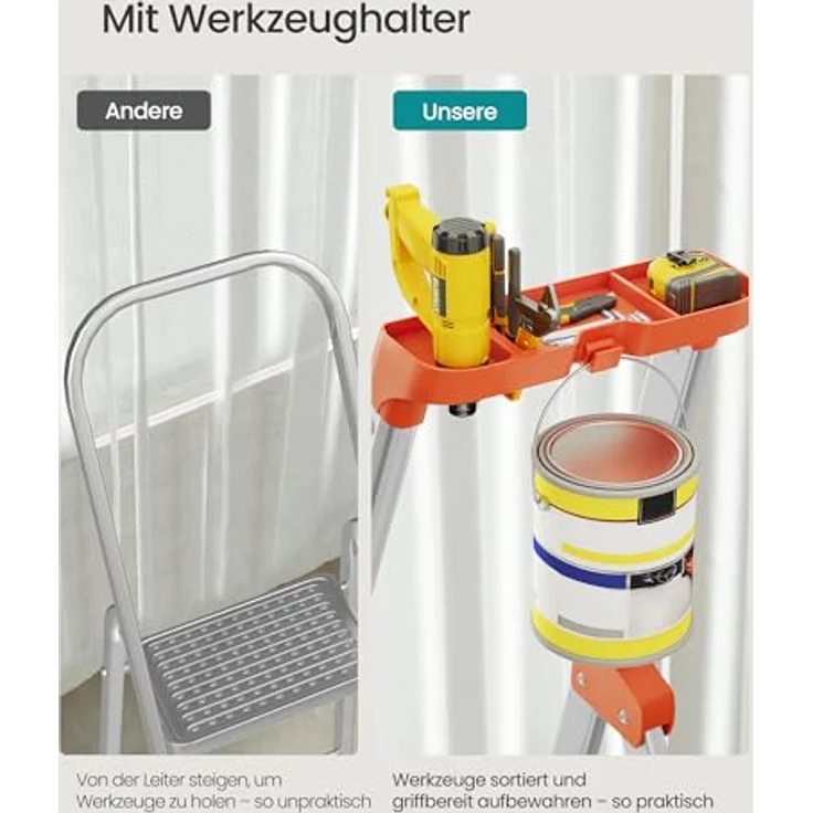 No_brand - Leiter 6 Stufen, Aluleiter mit 12cm breiten Stufen, Stehleiter mit Werkzeugschale, Klappleiter mit Anti-Rutsch-Füßen, max. statische – Bild 5