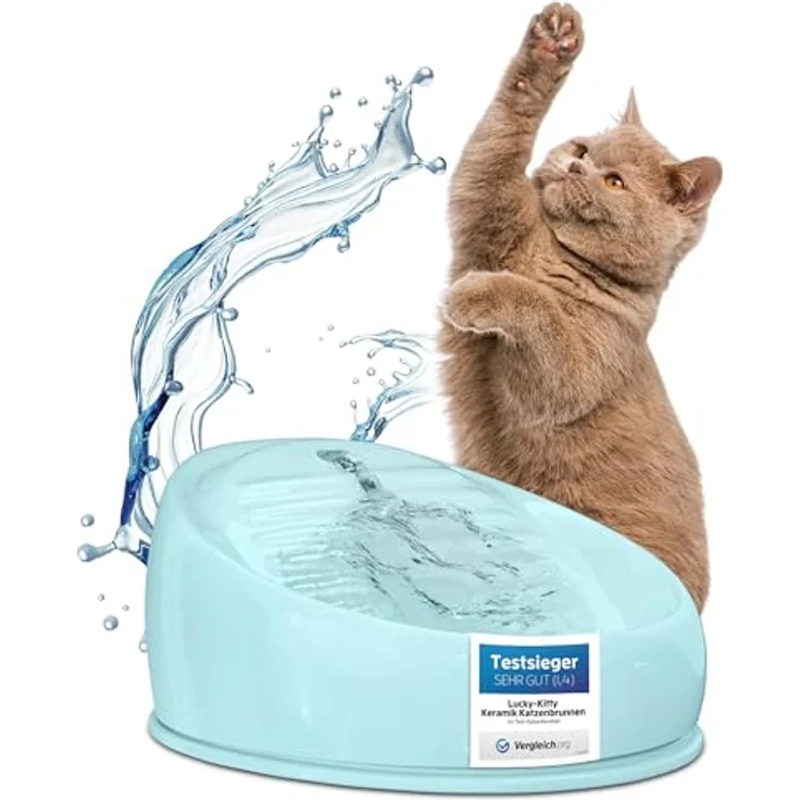Lucky Kitty Keramik Trinkbrunnen Pastellblau, 1.5 l mit geräuscharmer Pumpe und hygienischem Design – Bild 1