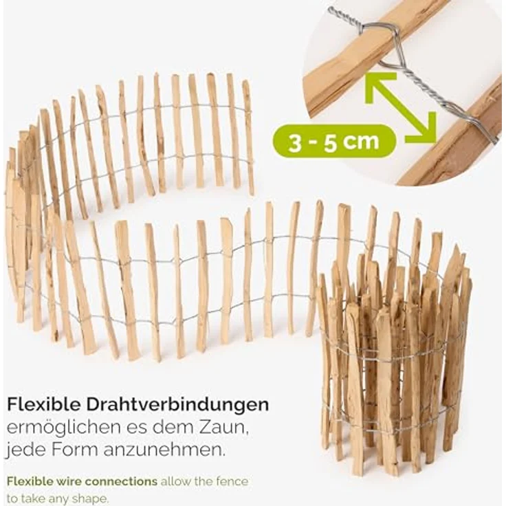 Garronda Gartenzaun GD-0079, hochwertiger Haselnuss Holz Steckzaun, 60 cm hoch, 5m lang, Lattenabstand 3-5 cm – Bild 4