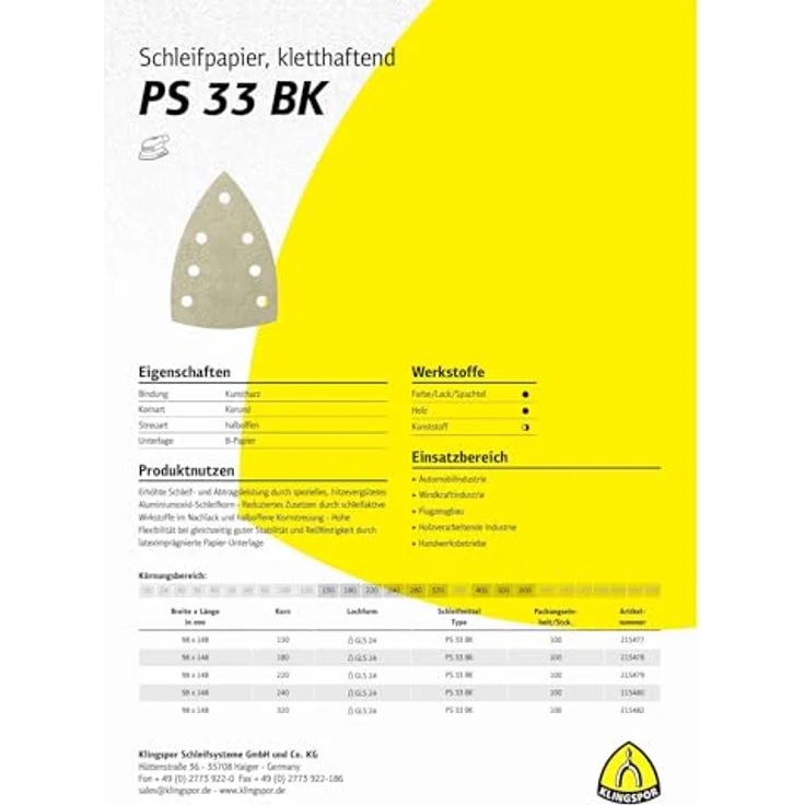 KLINGSPOR PS 33 BK Kletthaftende Schleifscheiben, 98 x 148 mm, Korn 180, Lochform GLS24, Korund, 100 Stück – Bild 4