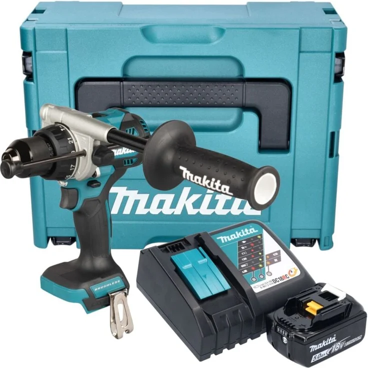 Makita DHP 492 RT1J, Akku Schlagbohrschrauber 18 V, 141 Nm, Brushless mit 5,0 Ah Akku, Ladegerät und Makpac Systemkoffer