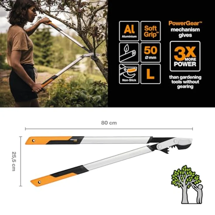 Fiskars PowerGear X Bypass-Getriebeastschere für frisches Holz, Antihaftbeschichtet, Gehärteter Präzisionsstahl, Länge 80 cm, Schwarz-Orange, LX98-L, 1020188 – Bild 3