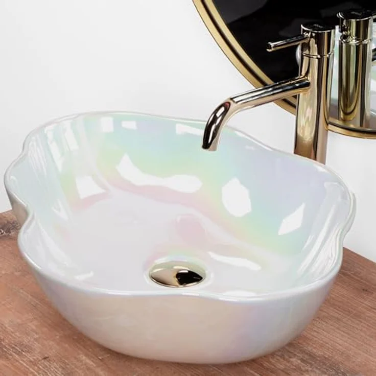Rea Akoya Pearl Aufsatzwaschbecken, 500 x 380 x 130 mm, freistehend, Keramik, weiß, Ablaufloch 45 mm – Bild 3