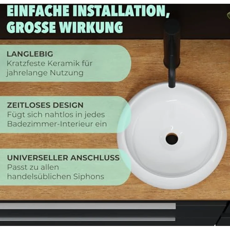 HAGO Aufsatzwaschbecken Keramik Ø350x120mm rund Kieselstein-Design kratzfest elegantes Weiß – Bild 4