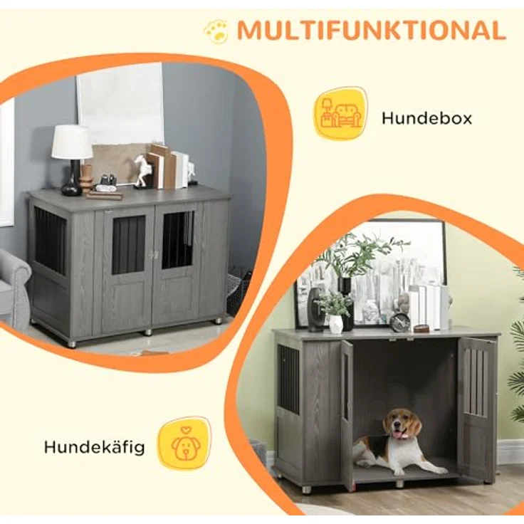 PawHut Hundekäfig für Zuhause, Haustierkäfig, Hundehütte Indoor mit Schloss, Magnettür, Hundehaus mit Fenster, Hundebox für extra große Hunde, Grau, 116 x 60 x 87 cm – Bild 4