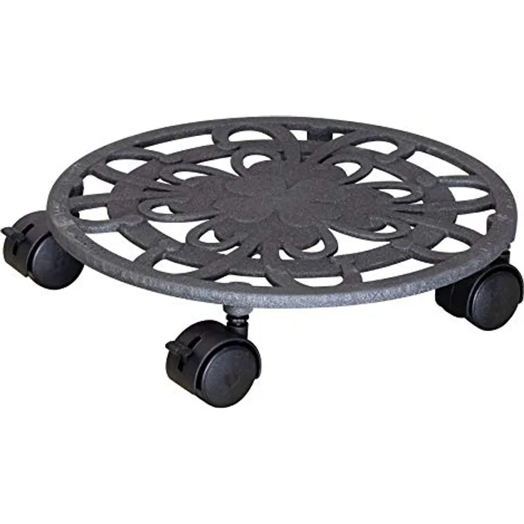 Wagner Pflanzenroller GLÜCKSKLEEBLATT Ø 29 x 6,5 cm I Blumenroller für Außenbereich + Innenbereich I Kübelroller aus Gusseisen, schiefergrau mit 2 Feststellern I Tragkraft 50 kg - 20091801