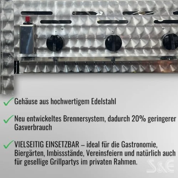 Bluecraft Edelstahl Gastrobräter 3-flammig mit Pfanne, 10,8 kW Leistung, inkl. Gasschlauch, Druckminderer & Gasflaschenschlüssel, Made in Germany – Bild 3