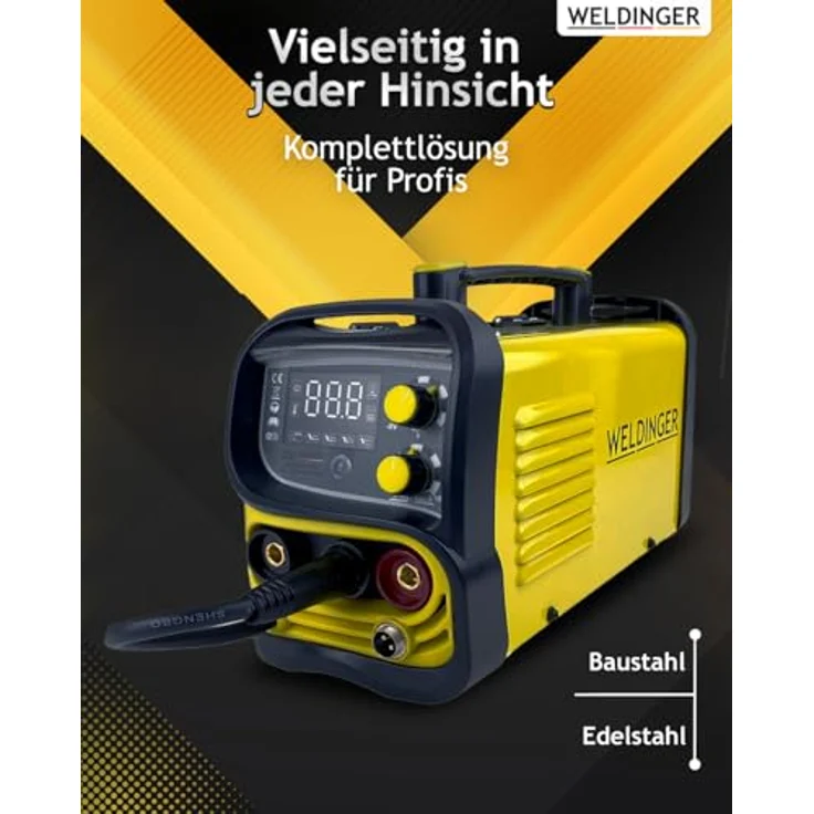 WELDINGER Fülldrahtschweißgerät ME 130 mini Flux IGBT Schweißgerät, 20,00 - 130,00 A, Einsteigerset, 10-tlg., 4 in 1 Kombigerät, geeignet für Edelstahl Fülldraht, schwarz – Bild 6