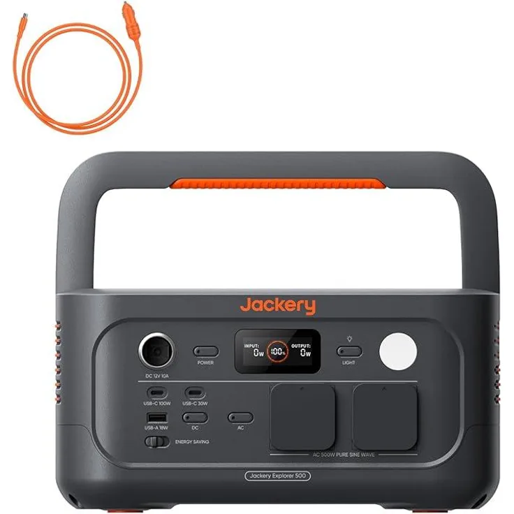 Jackery Explorer 500 V2, Tragbare Powerstation mit 512Wh, 500W Ausgangsleistung, Schnellladung und 12V KFZ-Ladekabel