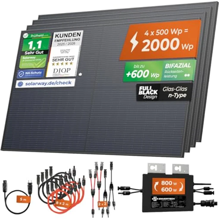 Solarway® Balkonkraftwerk 2000W / 800W, komplettes Steckdosen-Set mit 800W Envertech Wechselrichter, 500W bifazialen FULL BLACK Solarmodulen und Smart Monitoring App – Bild 2