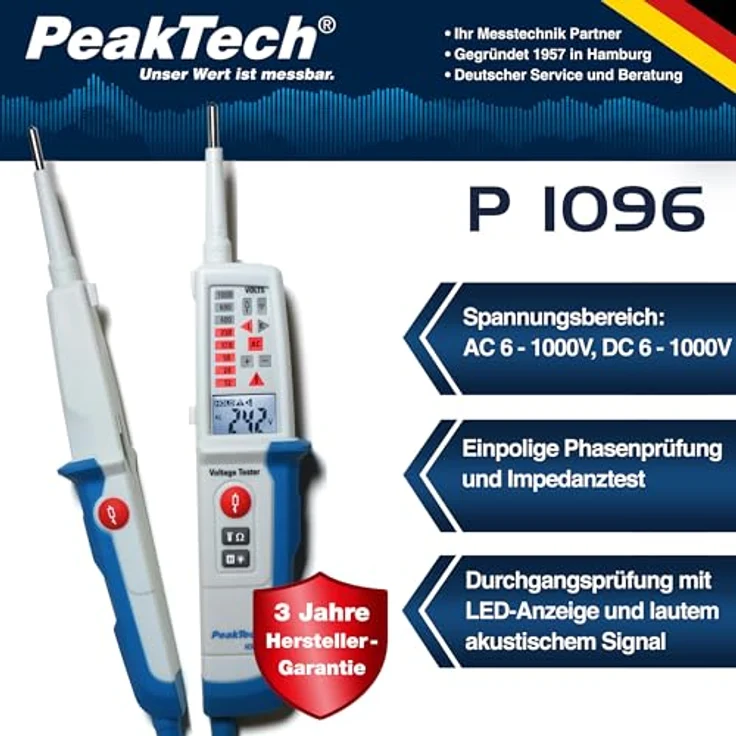 Peaktech P 1096, Multimeter Zweipoliger AC/DC-Spannungsprüfer mit digitaler LCD-Anzeige, CAT IV 600V, CAT III 1000V, integrierte LED-Taschenlampe und Durchgangsprüfung – Bild 2