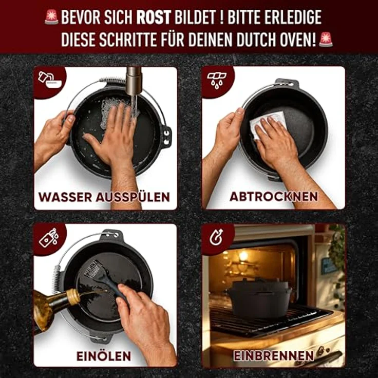 GUSSKÖNIG Dutch Oven Set, Eingebrannter Gusseisen Feuertopf 4,5L für 2-4 Personen mit Füßen, 2-in-1 Deckelheber, Bürste & Rezeptbuch, 30 Jahre Garantie – Bild 3