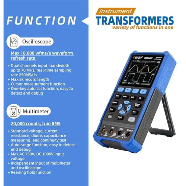OWON HDS242S Handoszilloskop Multimeter, 2-Kanäle, 40MHz Bandbreite, 250MSa/s Abtastrate, 20000 Zähler, tragbares digitales Automobiloszilloskop für Spannung, Strom, Kondensator – Bild 3