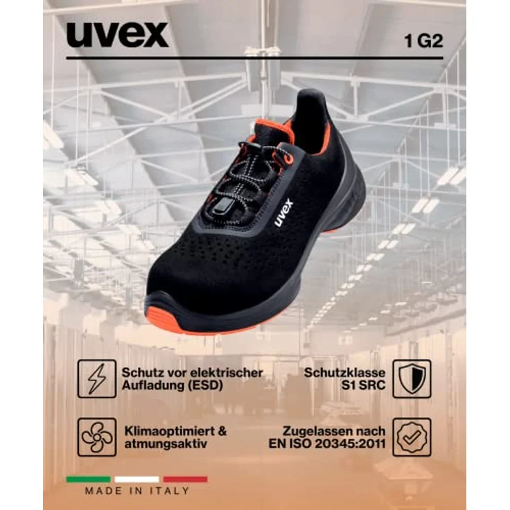 Uvex 1 G2 Sicherheits-Halbschuh, Größe 45, S1 ESD SR, atmungsaktiv, schwarz/rot, mit innovativer Sohlentechnologie und auswechselbarem Komfortfußbett – Bild 9