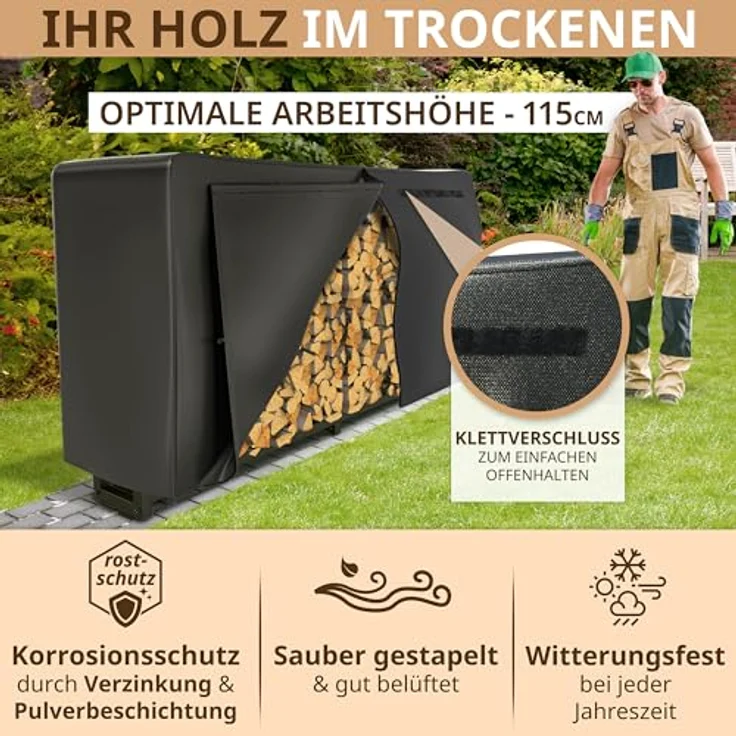 LAWA Kaminholzregal Außen, verzinkt mit Dach 223x25x115cm, für 0,9 m³ Holz, inkl. 61cm Abdeckplane, 800kg Tragfähigkeit, Metall Kaminholzunterstand Garten – Bild 3