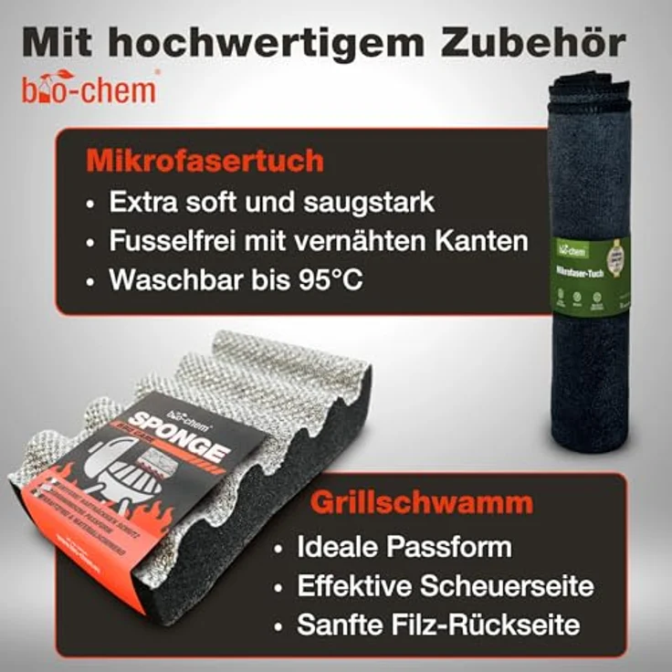 bio-chem Grillreiniger Set, 4-teilig mit Rauchharz-Entferner, Edelstahlreiniger, Grillschwamm und Mikrofasertuch für starke Reinigung von Grill, Gasgrill und Gusseisen – Bild 5