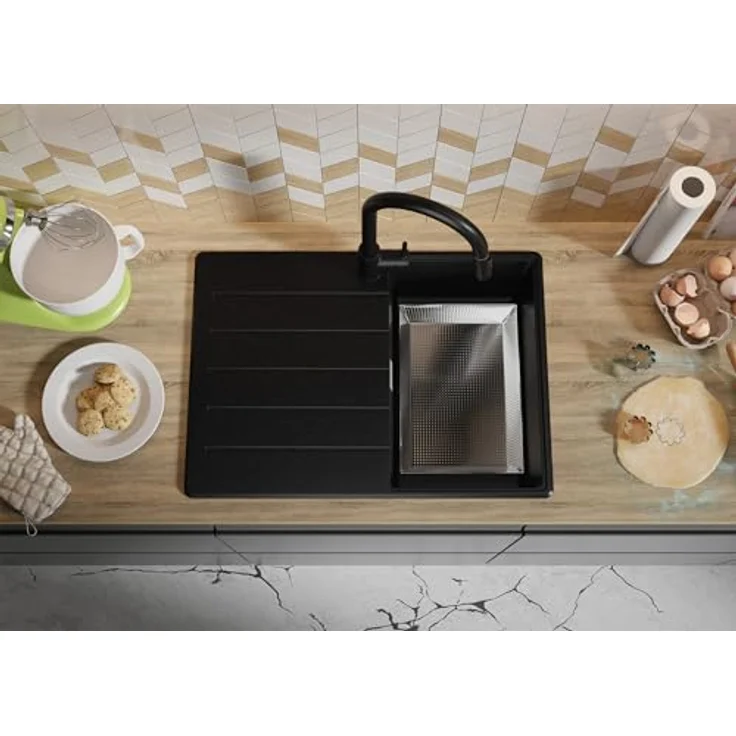 Primagran Granitspüle Alles Schwarz 70x50cm, 1 Becken + Ablauf-Set + Küchenarmatur + Schneidebrett, ab 40er Unterschrank - Top – Bild 4