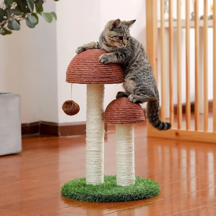 PurpurRain Kratzstamm Champignon für Katzen, 48 cm mit beweglichem Spielzeug