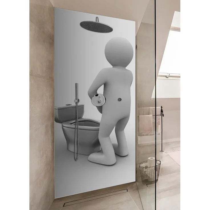 Wallario Duschrückwand Pinkelndes Computer-Männchen und künstliche Toilette, (1-tlg) in verschiedenen Farben erhältlich