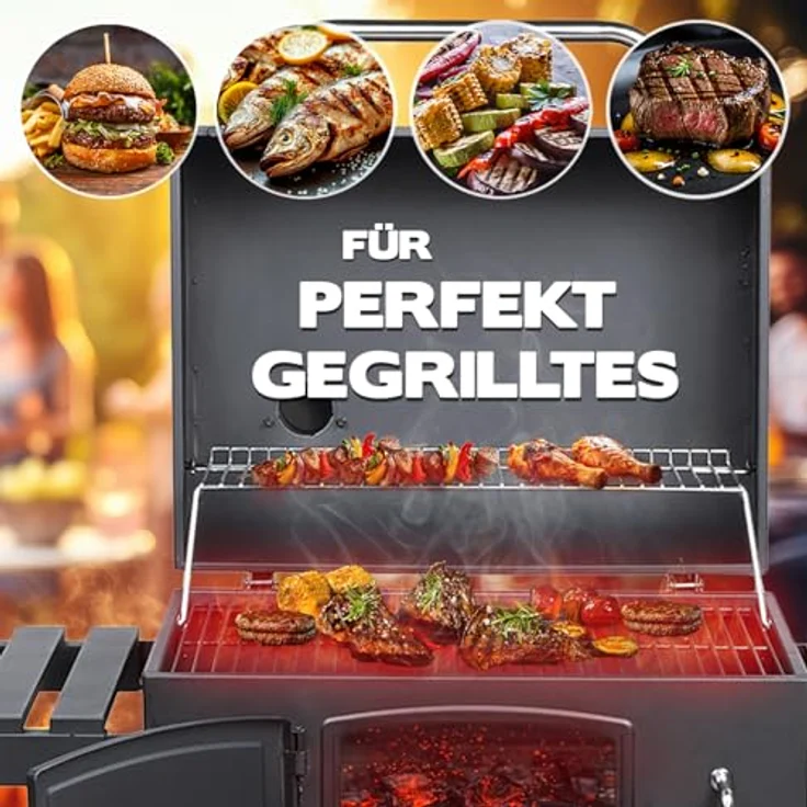 TAINO HERO XL, Holzkohlegrill Set mit Abdeckhaube, Grillplatte und Smoker-Funktion, 113,5 x 124 x 66 cm, höhenverstellbare Holzkohle-Wanne, integriertes Thermometer, klappbare Seitentische – Bild 3