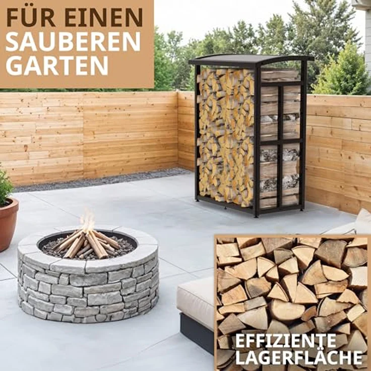 LAWA Kaminholzregal außen klein, verzinkt mit Dach und Stellfüßen, platzsparendes Design für Terrasse und Balkon, Metall schwarz, 91×56×117cm – Bild 5