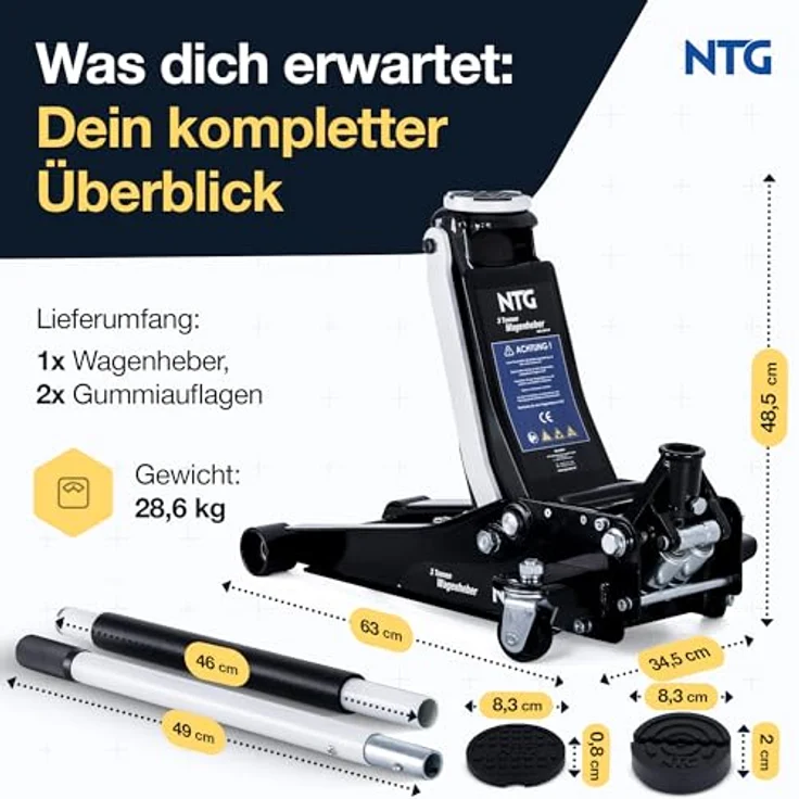 NTG Hydraulischer Wagenheber, Rangierwagenheber 3t mit Doppelkolben-Schnellhub, Hubbereich 85-485mm, inkl. 2 Gummipads und magnetischer Ablagefläche – Bild 7