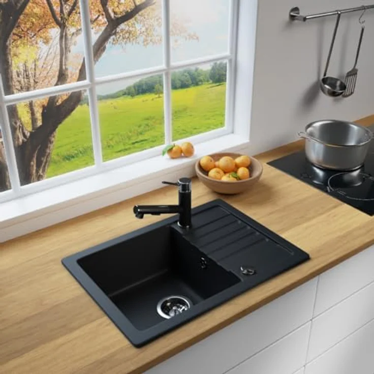Lindbergh Spülen Rein Schwarz Antibakterielle Granit Spüle "SIM44 + 1-Nero" + Siphon Einbauspüle Küchenspüle Spülbecken + IMPRÄGNIERUNG - Verbundstoffe MADE IN GERMANY (5. Spüle SIM44 + Armatur 1-Nero) – Bild 2