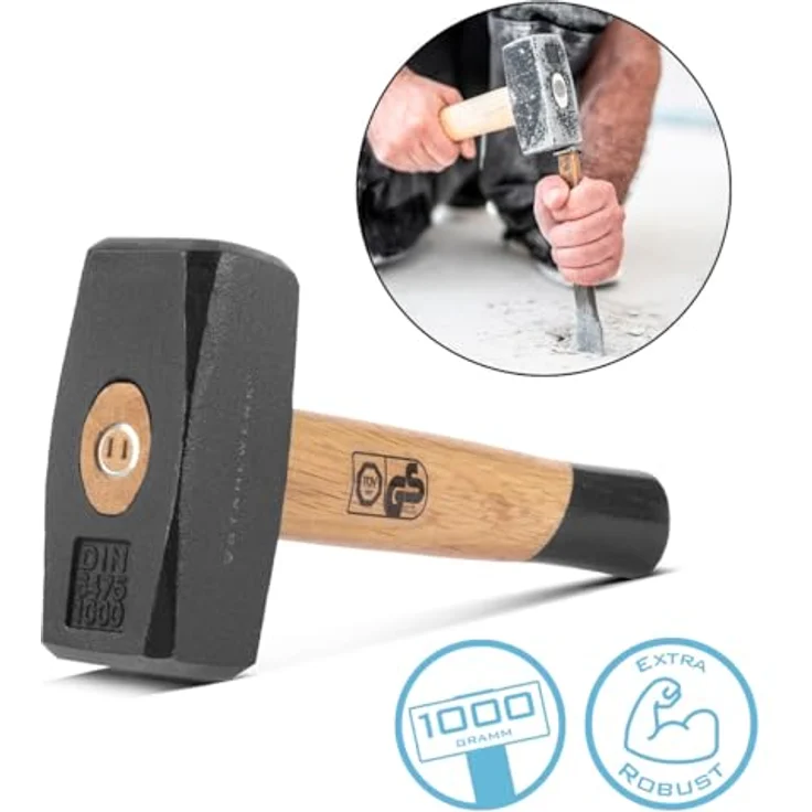 STAHLWERK Fäustel Vorschlaghammer 1000 g, Plattenhammer aus gehärtetem Carbon-Stahl, doppelt geschweifter Holzstiel, GS-geprüft – Bild 2
