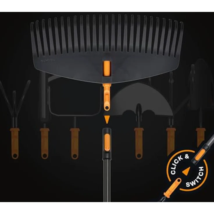 Fiskars OneClick Laubrechen L, Fächerbesen-Aufsatz für große Rasenflächen, 51 cm, Schwarz/Orange, einfaches OneClick-System, flexibles und robustes Design – Bild 4