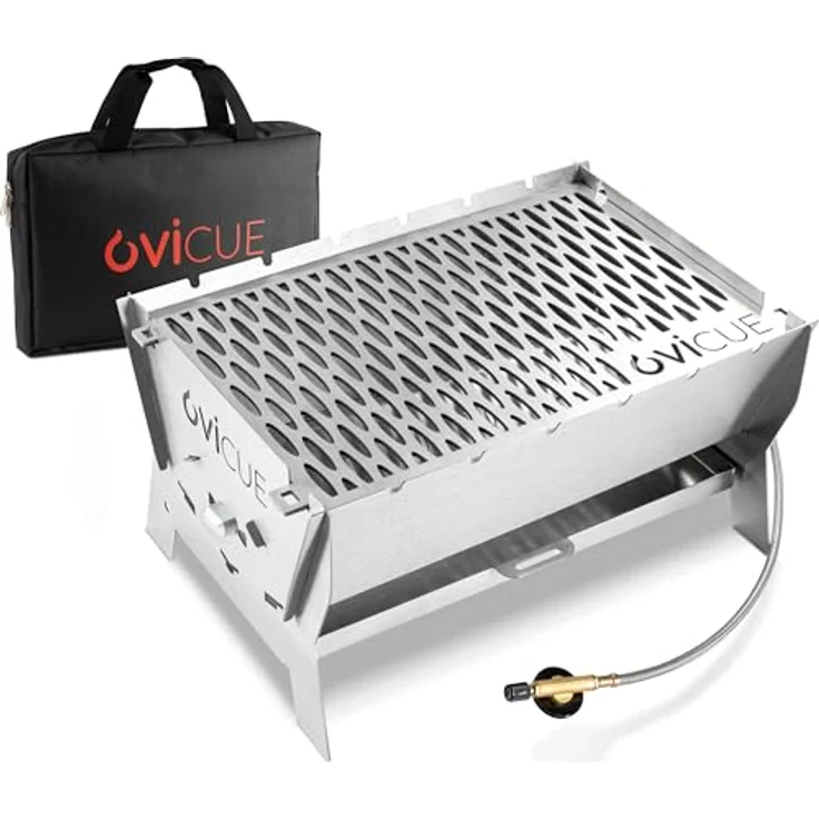 ovicue Grill groß L | Mobiler Steck-Gasgrill aus Edelstahl, Gas- & Holzkohlebetrieb, inkl. Tragetasche - für Camping, Balkon, Garten & Outdoor – Bild 1