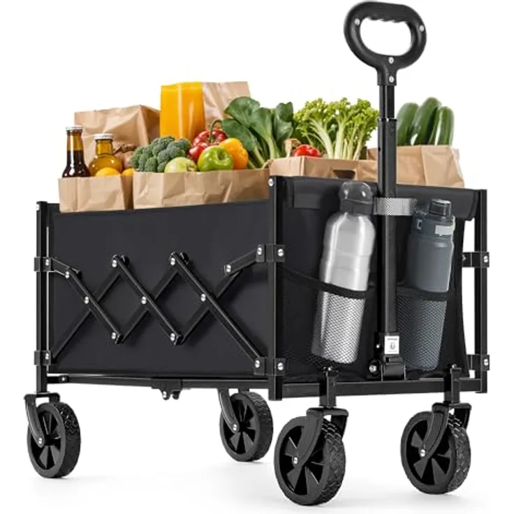SONGMICS Kleiner Handwagen faltbar, Gartenwagen mit 4 verstärkten Rollen, 180 kg belastbar, 90 L, kompakt, tintenschwarz GFW909B01