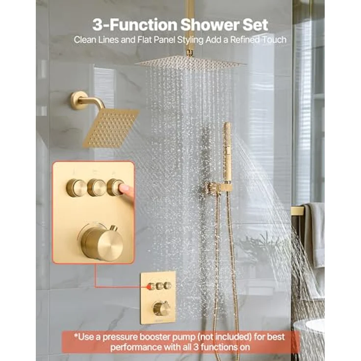 VEVOR Duschsystem-Set, 12 Zoll Regenduschsystem mit 6 Zoll Wandmontagekopf und 2 in 1 Handbrause, gebürstetes Gold, Verbrühungssicherer Thermostat, drehbarer Doppelregenkopf (3 Funktionen) – Bild 2