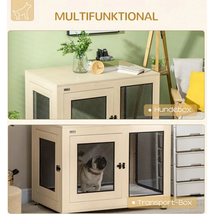PawHut Hundekäfig, Haustierkäfig, Hundehaus, Hundehütte mit Kissen, Hundebox Indoor, Tierkäfig mit 2 Türen für kleine Hunde bis mittelgroße Hunde, Eiche, 94 x 60 x 71,5 cm – Bild 4