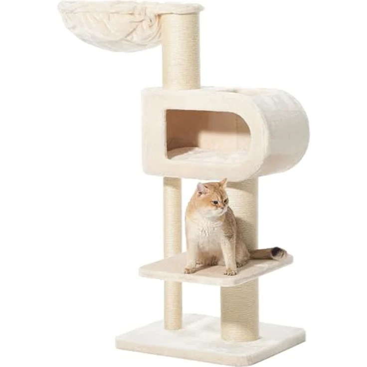 Nobby Kratzbaum Tove Cream, Sisal-Kratzfläche, Plüschmaterial, kuschelige Höhle, 48 x 58 x 128 cm – Bild 1