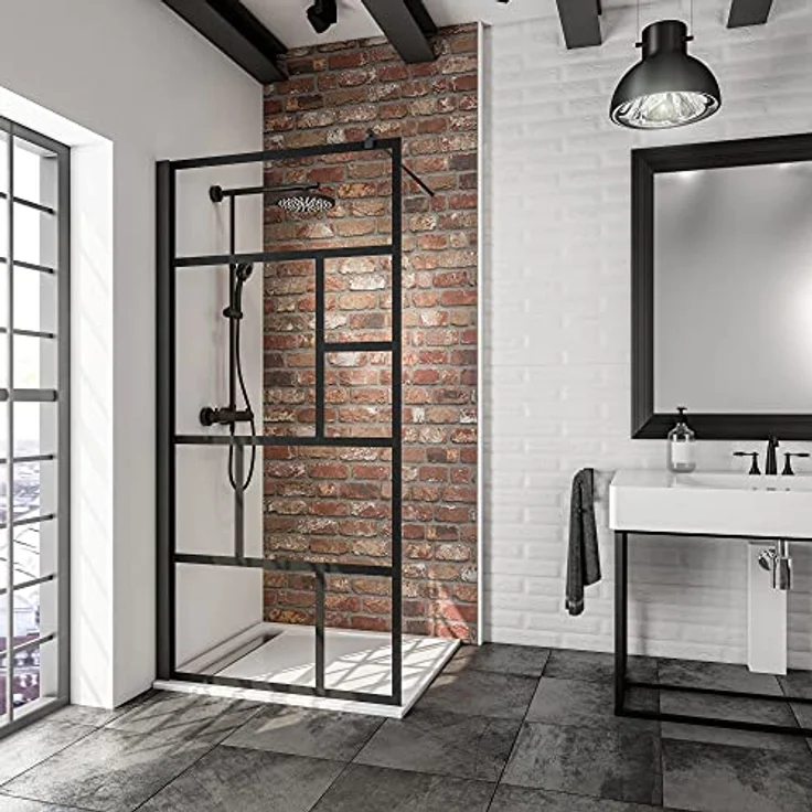 Schulte EP369108 68 1660 Duschwand Alexa Style 2.0 Walk In Black Style, 100 x 200 cm, 6 mm Sicherheitsglas Dekor Atelier 1 fixil beschichtet, schwarz matt, Montage auf Duschwanne oder Fliese – Bild 1