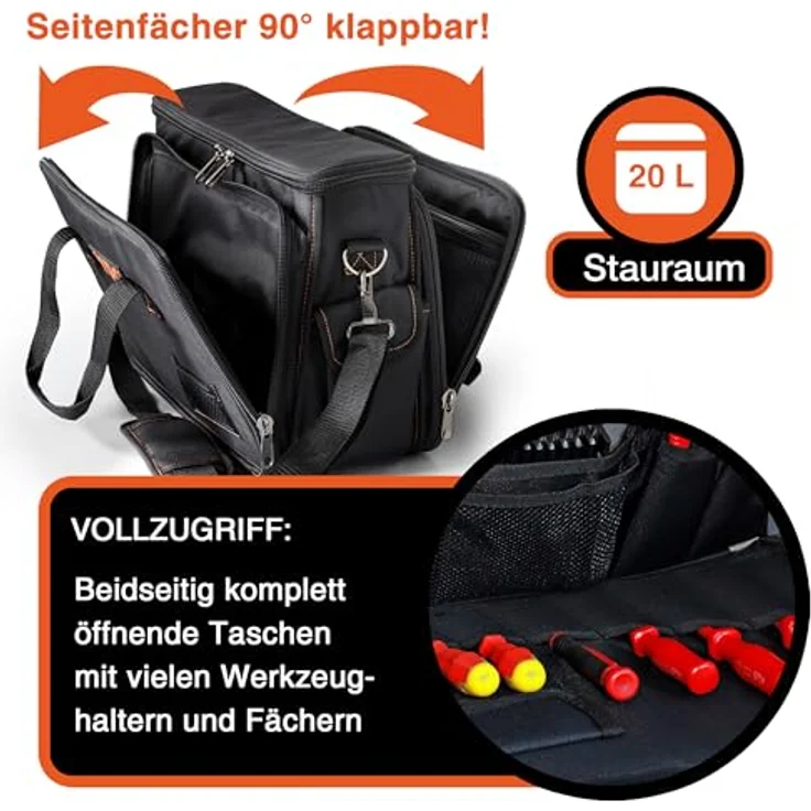 YPC Werkzeugtasche XL, Umhängetasche aus wasserabweisendem Oxford 600D Gewebe, 38x28x11cm mit 11 Haltern und 5 Innentaschen – Bild 4