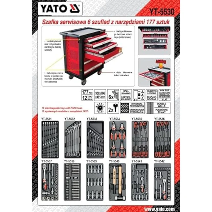 YATO YT-5530 Werkzeugwagen aus Stahl, Schwarz-Rot, 6 Schubladen mit Teleskopschienen, Tragkraft bis 35 kg – Bild 2