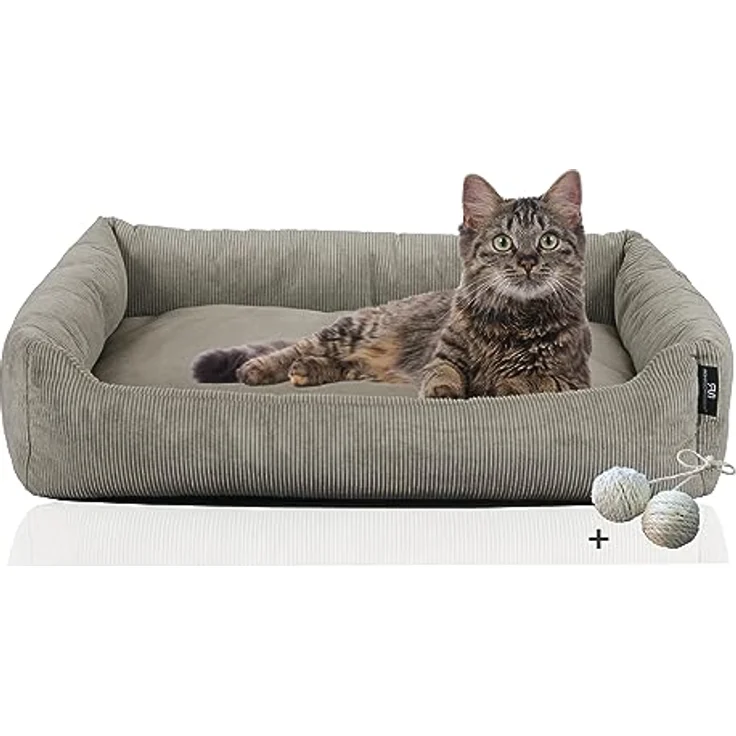 Rohrschneider Katzenbett Cordstoff mit Spielkugelset (Taupe, feiner Cordstoff) – Bild 1
