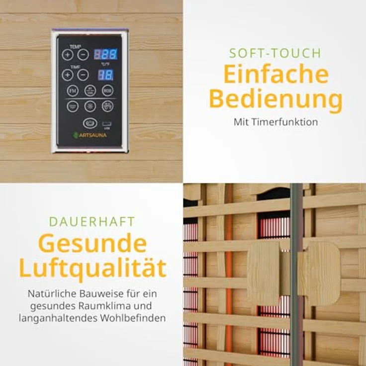 Artsauna Infrarotkabine Göteborg, Vollspektrumstrahler 1450 W, natur, 90x190x90 cm, LED-Beleuchtung, Bluetooth und Radio – Bild 6
