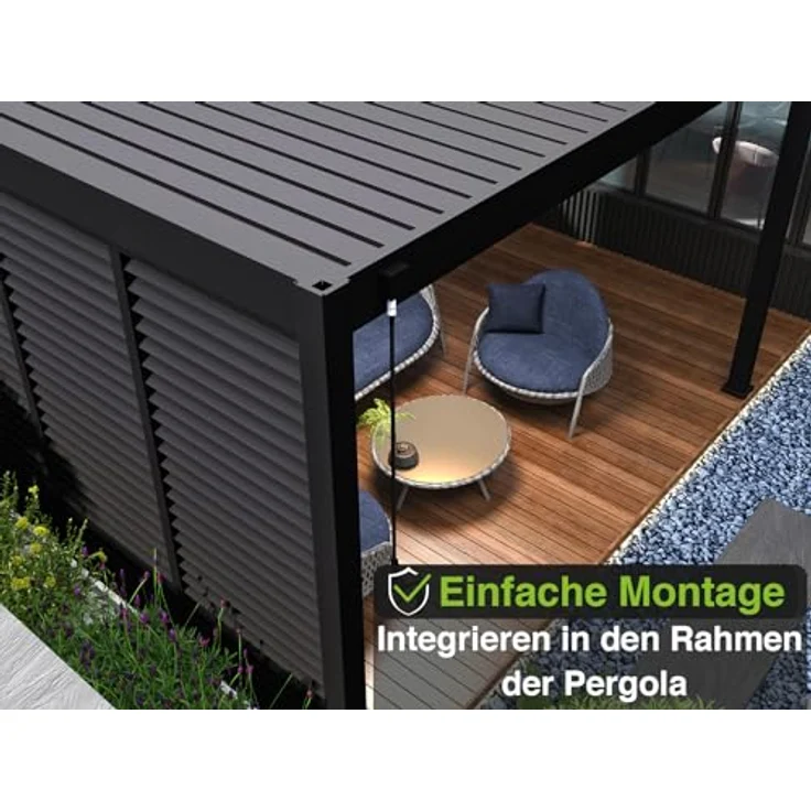Weide Aluminium-Lamellenwand für Pergola, Holzoptik mit anthrazitfarbenem Rahmen, 3 Maße, drehbare Lamellen – Bild 6