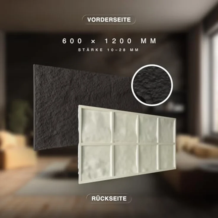 HEXIM 3D Wandpaneel Bruchstein Stone Dekor, Polyurethan, 120x60cm, 0,73 m², schwarz (A002-05 Light Black) – Bild 3